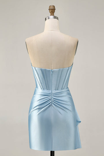 Blue Corset Beaded Cut Out Satin Tight Homecoming Dress with Streamer